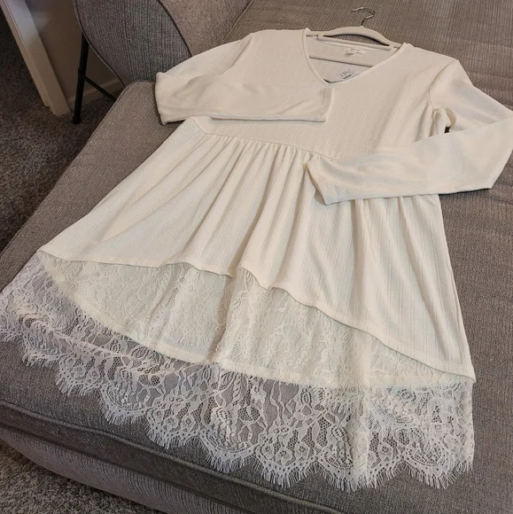 Maurices Longsleeve Boho Lace Trim Dress Size Large Cream White - Picture 2 of 6